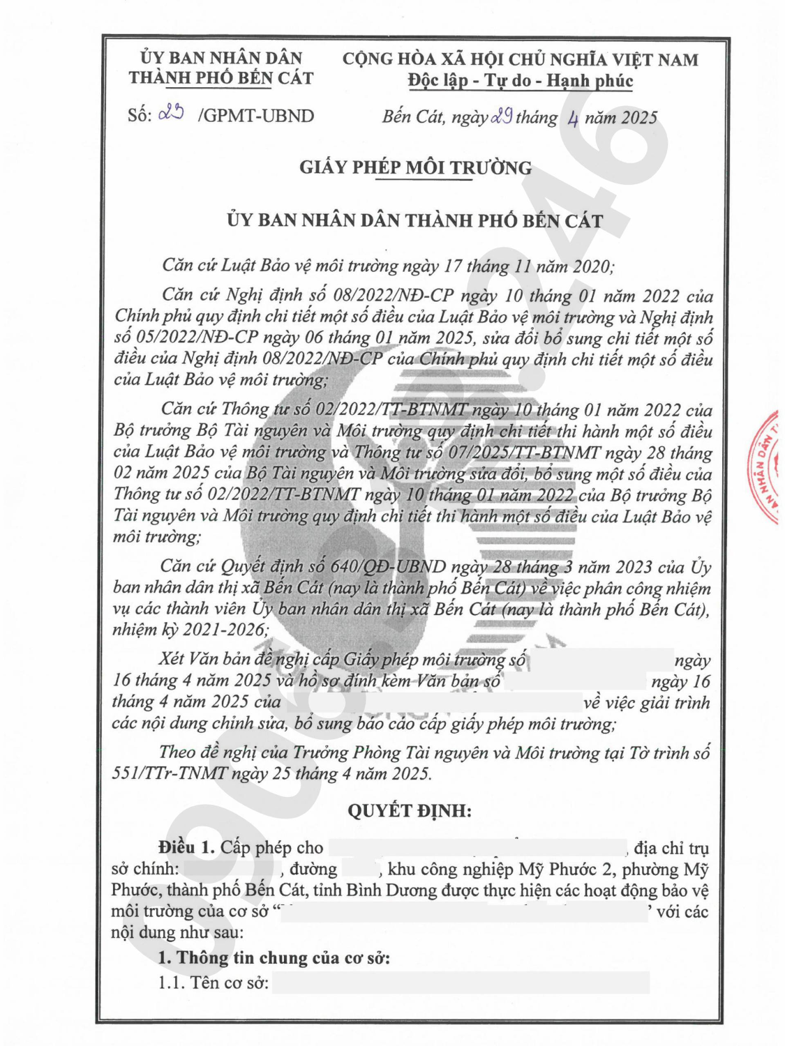 Hoàn thành giấy phép môi trường cho công thực phẩm tại Bến Cát Bình Dương